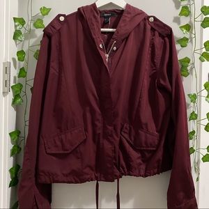 Maroon Jacket with zipper, buttons, and hood